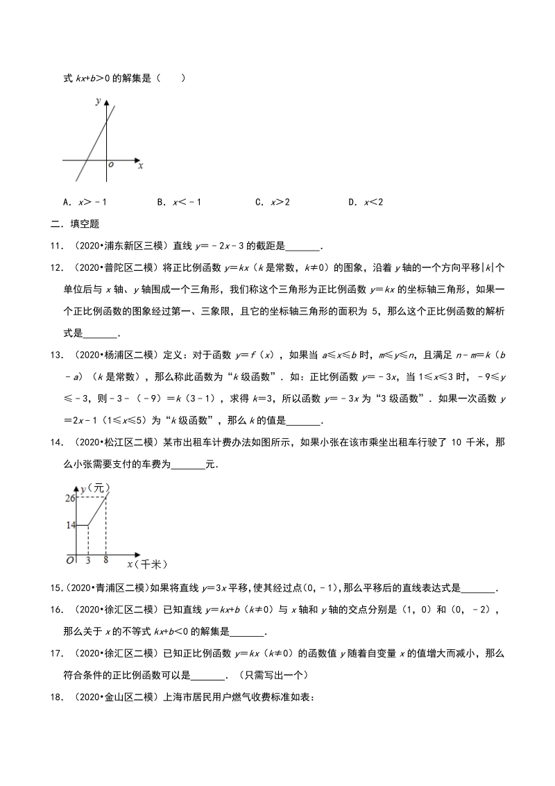 2020年上海市中考数学各地区模拟试题分类（一）一次函数（含解析）_第2页