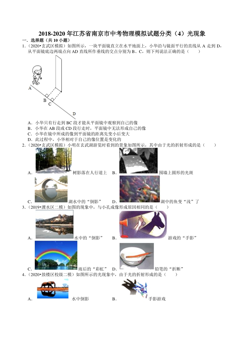2018-2020年江苏省南京市中考物理模拟试题分类（4）光现象（含解析）_第1页