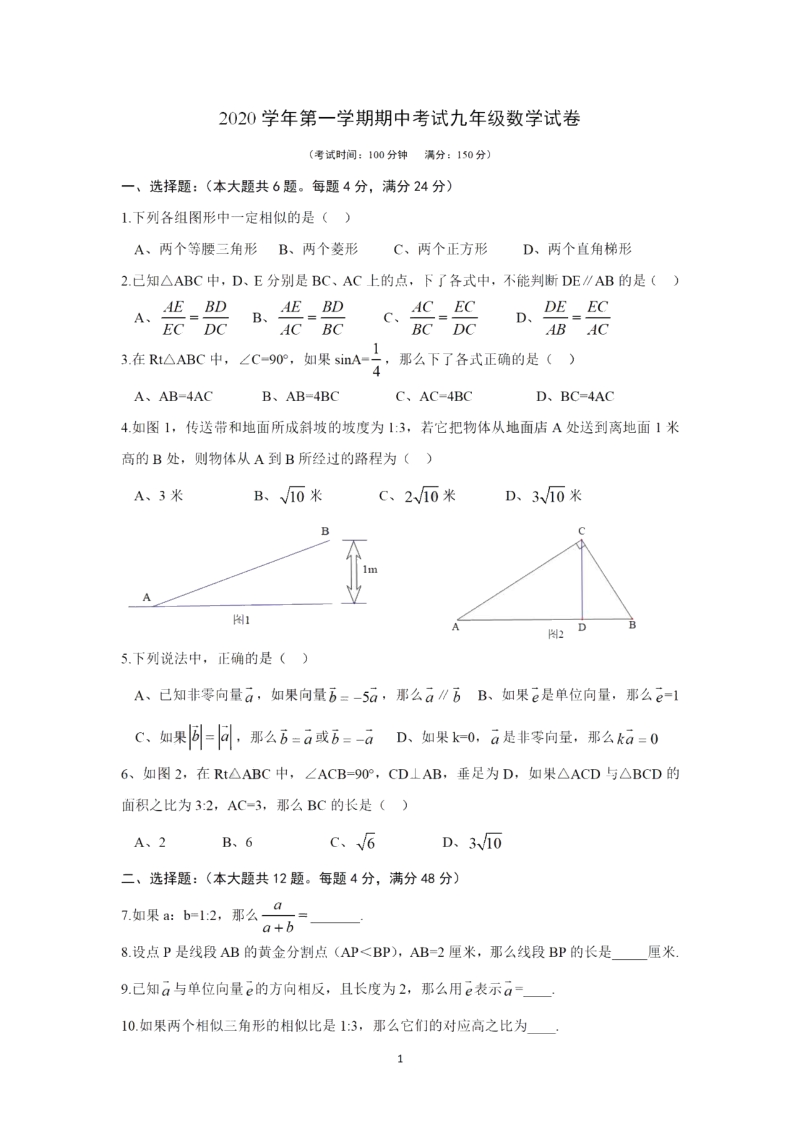 2020-2021学年上海市闵行区九年级上期中数学试卷（含答案）_第1页