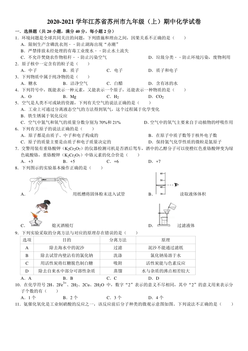 2020-2021学年江苏省苏州市九年级上期中化学试题（含答案解析）_第1页