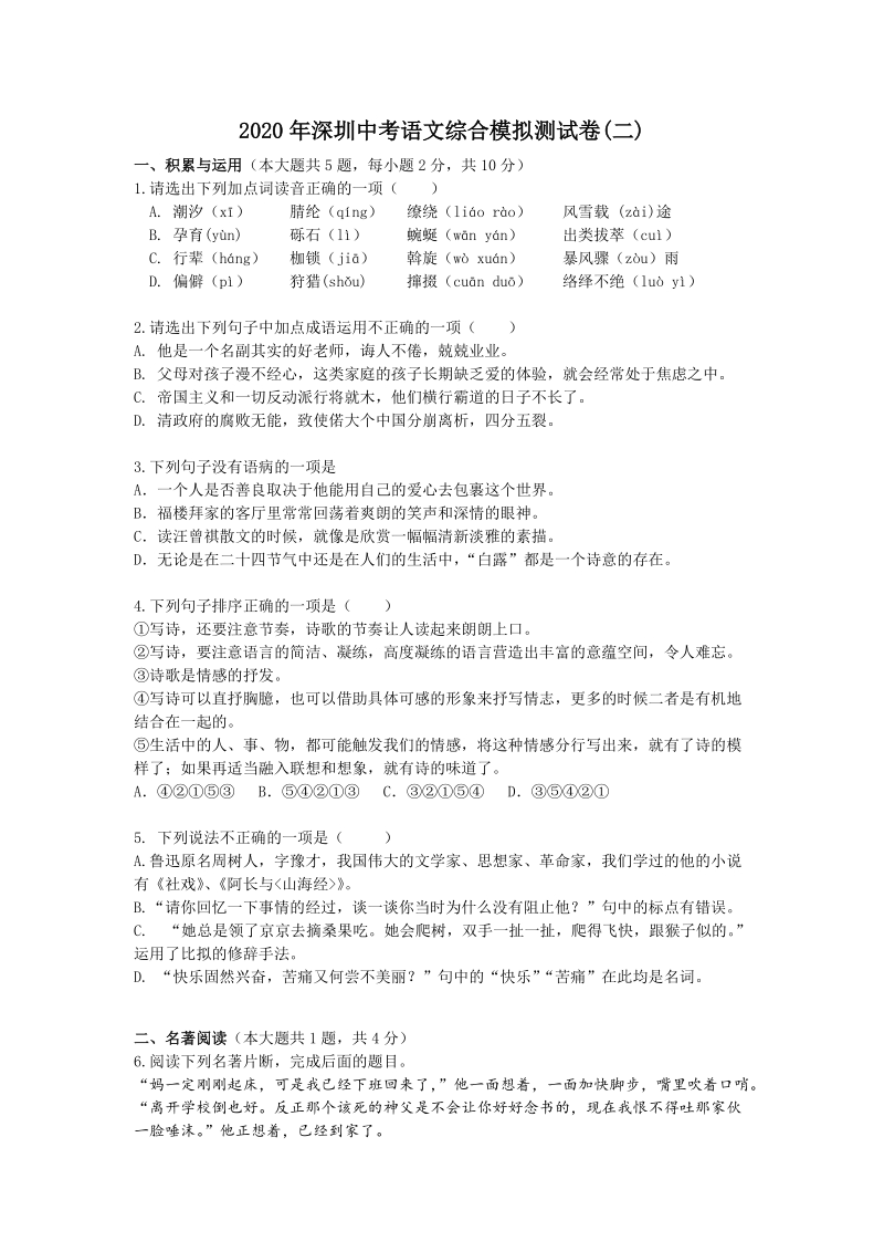 2020年深圳中考语文综合模拟测试卷（二）含答案_第1页
