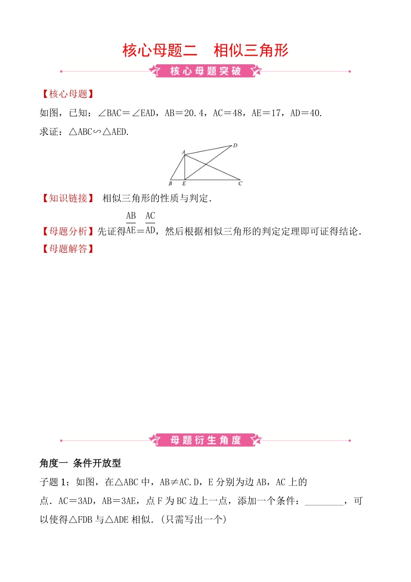 2020广东中考数学精准大二轮复习核心母题二：相似三角形_第1页