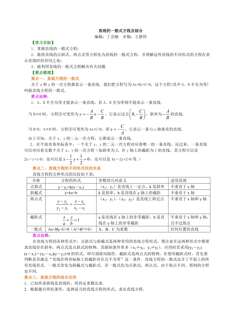 高考总复习：知识讲解_直线的一般式方程及综合_提高_第1页