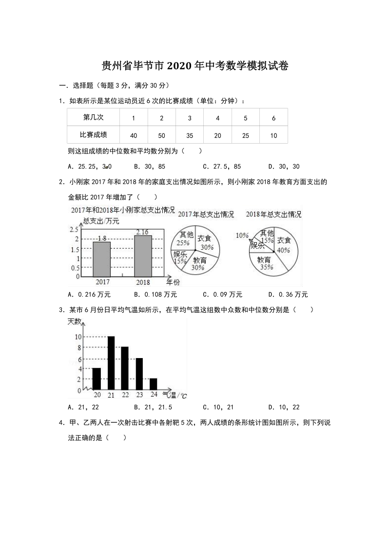 贵州省毕节市2020年中考数学模拟试卷（含答案）_第1页