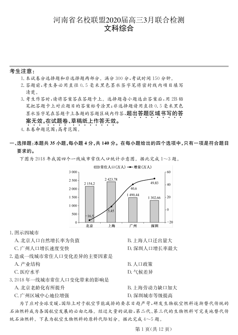 河南省名校联盟2020届高三年级3月联合检测文科综合试卷（含答案 ）_第1页