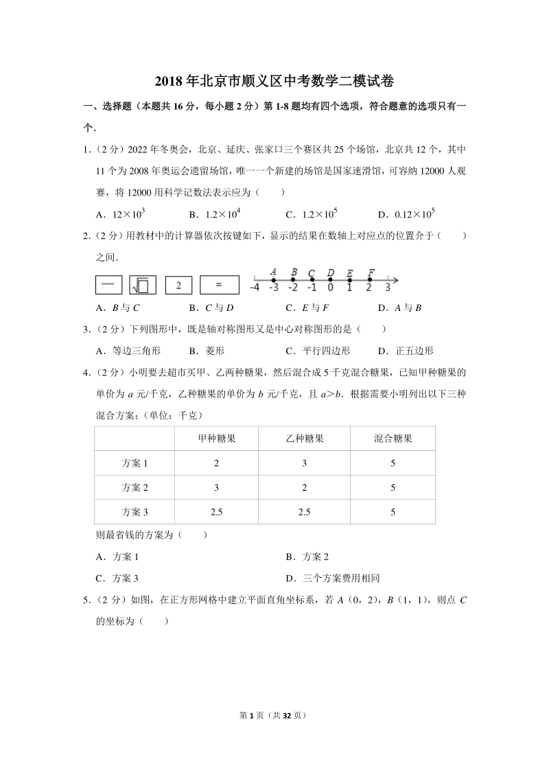 2018年北京市顺义区中考数学二模试卷（含详细解答）_第1页