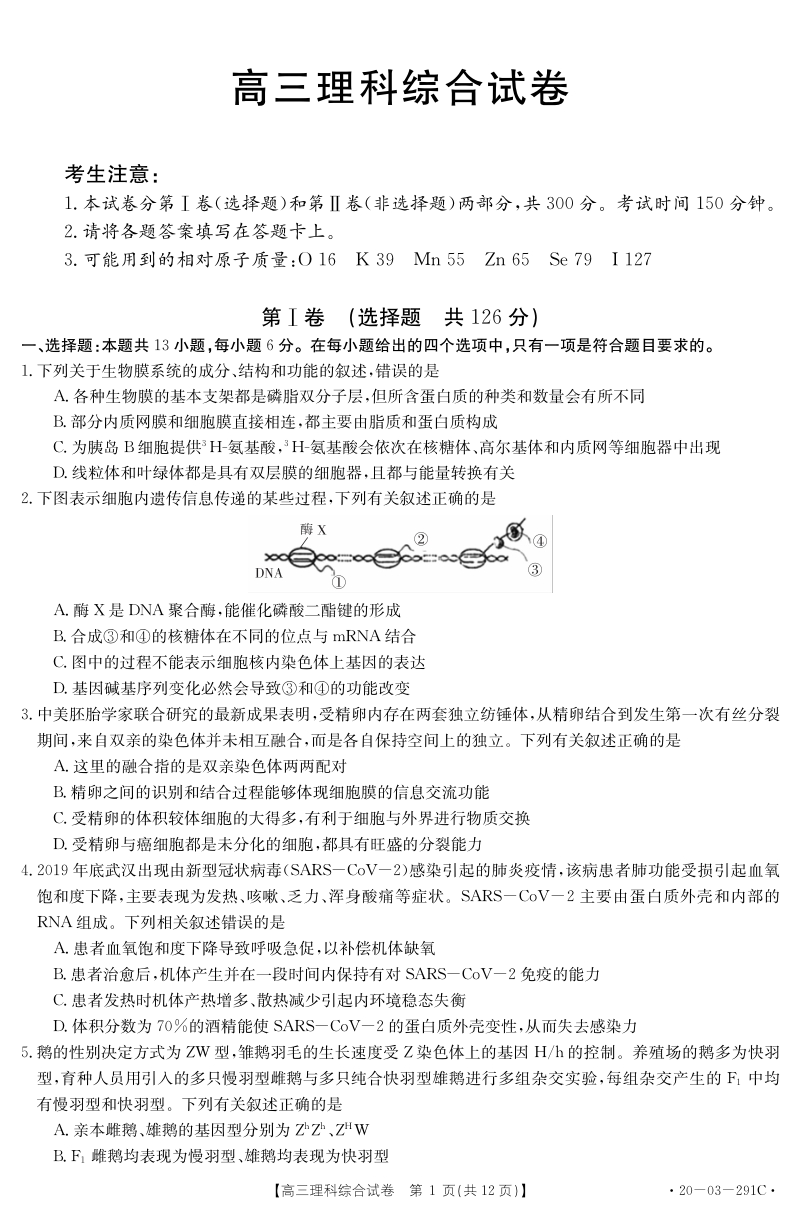 2020年湖南省3月线上联考理科综合试题含答案（291C）_第1页