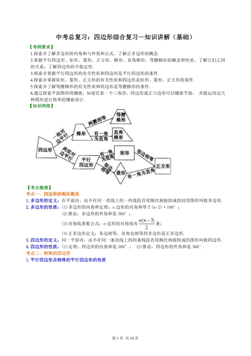 北京四中数学中考总复习：四边形综合复习--知识讲解（基础）_第1页