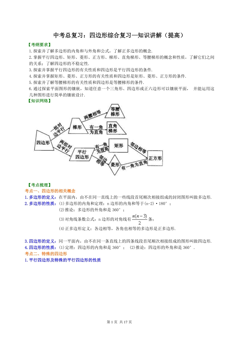 北京四中数学中考总复习：四边形综合复习--知识讲解（提高）_第1页
