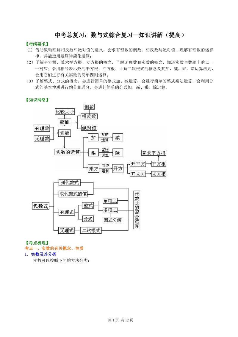 北京四中数学中考总复习：数与式综合复习--知识讲解（提高）_第1页