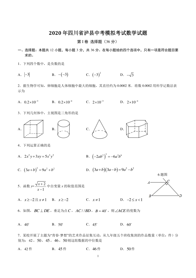 四川省泸县2020年中考数学模拟试题（含答案）_第1页
