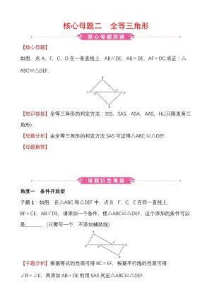 山东省济宁市 2020年中考数学二轮复习核心母题二：全等三角形