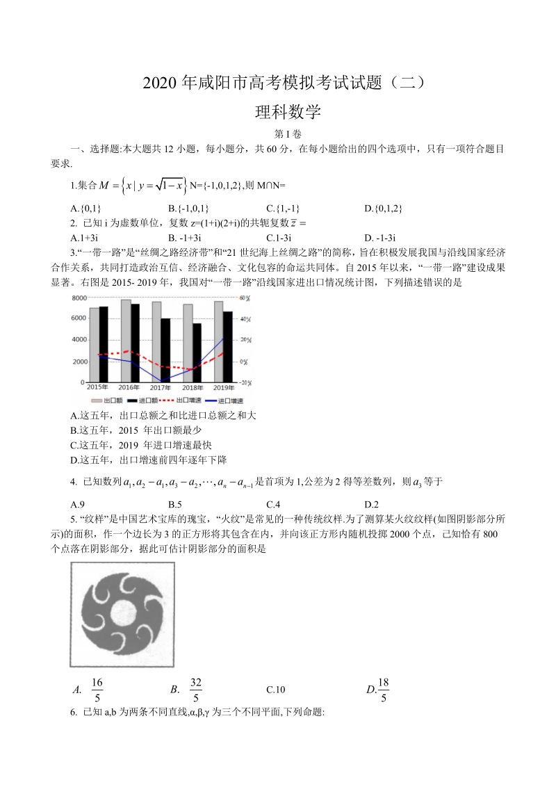 2020年陕西省咸阳市高考二模理科数学试题含答案_第1页