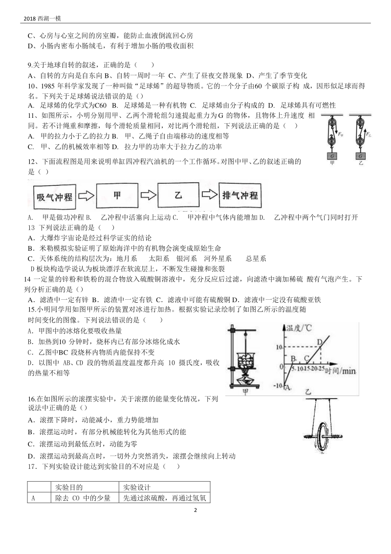 2018年杭州市西湖区中考一模科学试卷（含答案）_第2页