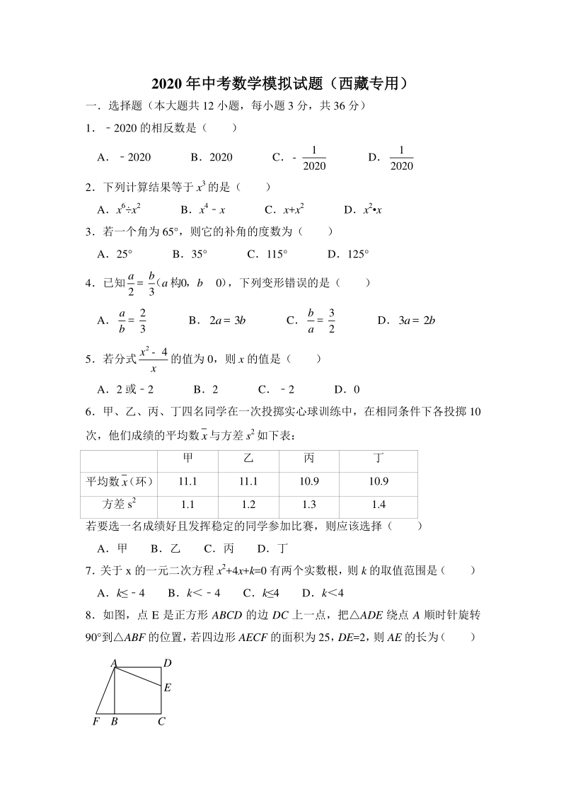 2020年西藏中考数学模拟试卷（含答案）_第1页