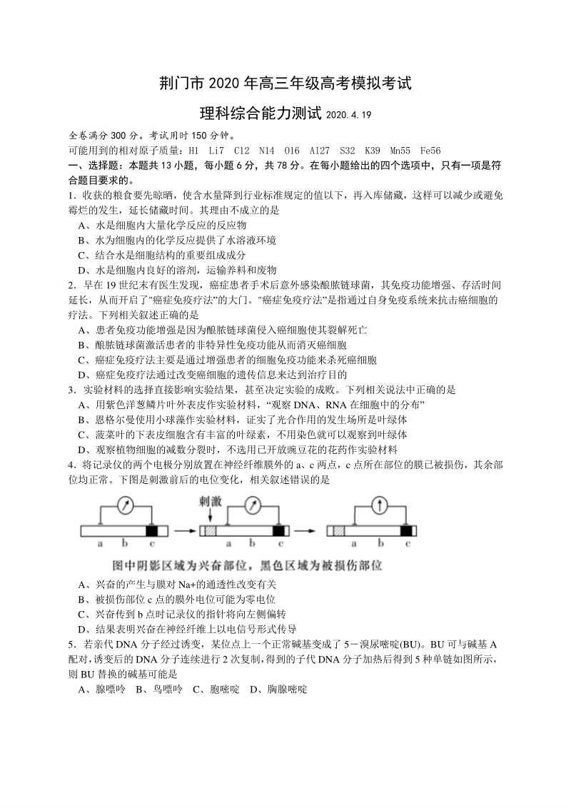 湖北省荆门市2020届高三4月模拟考试理综试题（含答案）_第1页