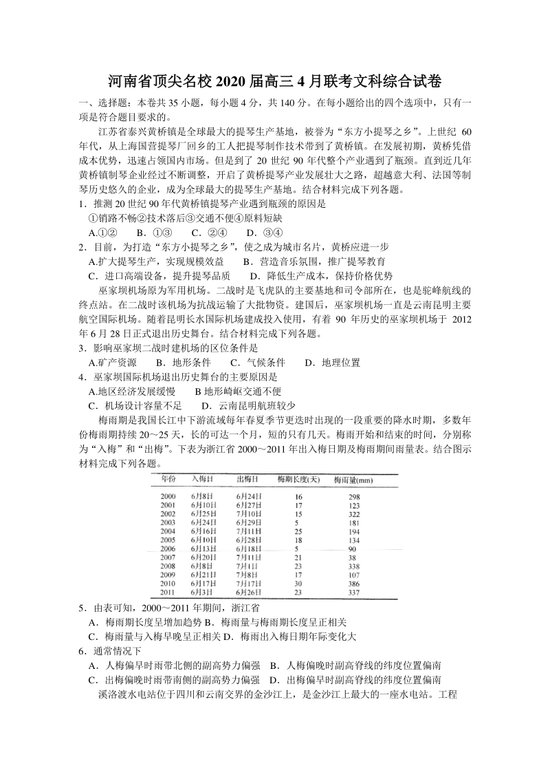 河南省顶尖名校2020届高三4月联考文科综合试题（含答案）_第1页