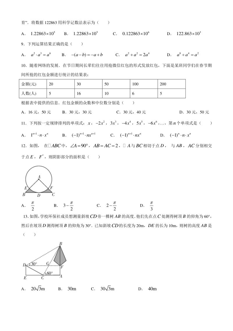 2020年云南省中考适应性考试数学模拟卷_第2页