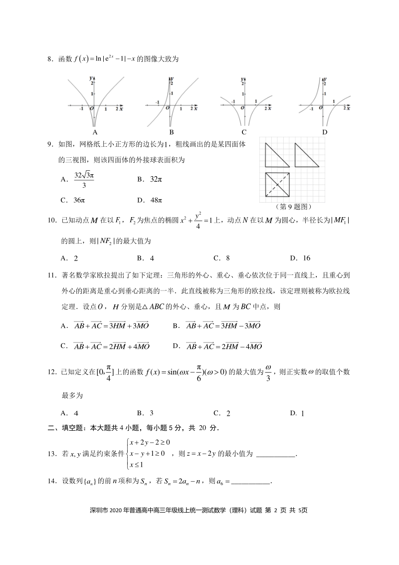 2020年广东深圳高三毕业班模拟理科数学试题（含答案）_第2页