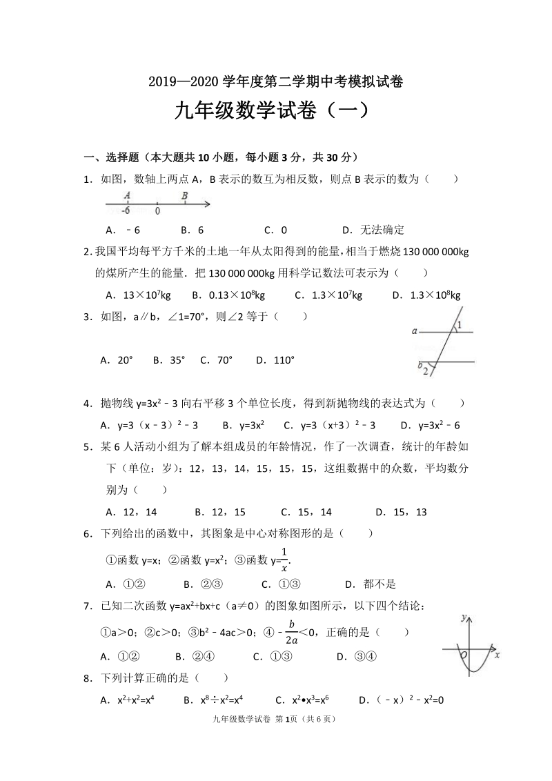 2020年广东省茂名市中考模拟数学试卷（含答案）_第1页
