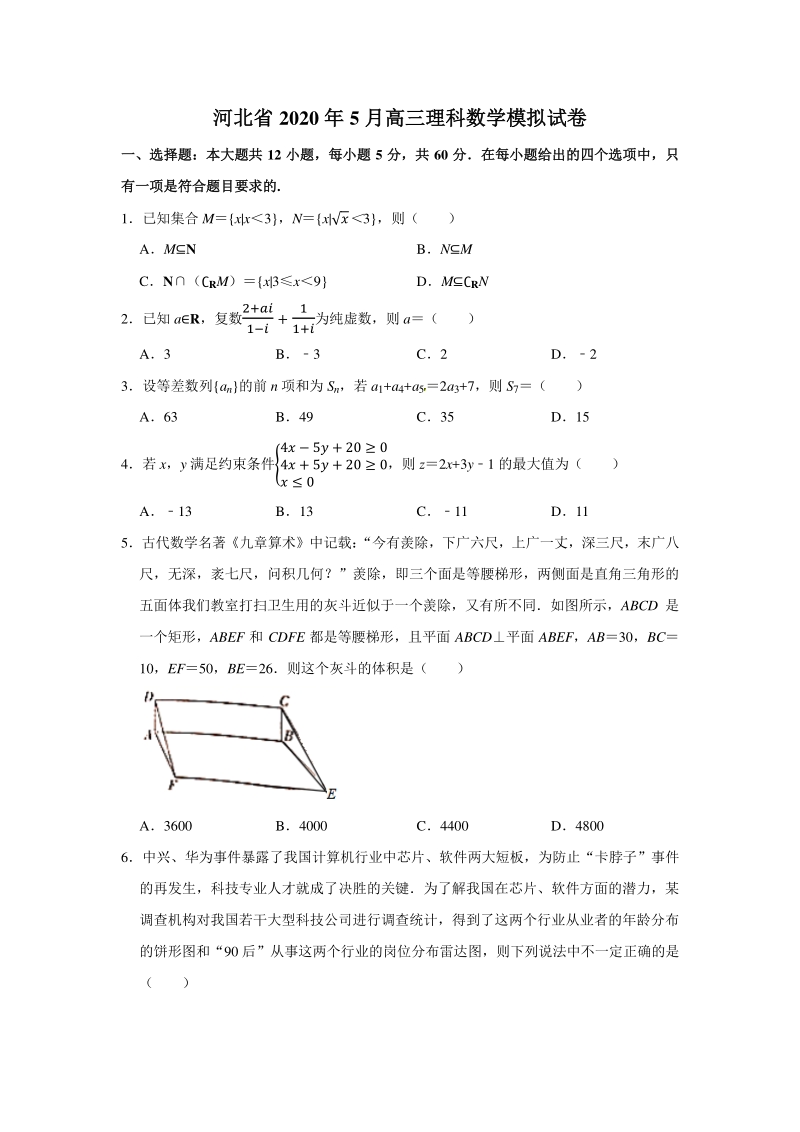 河北省2020年5月高三理科数学模拟试卷（含答案解析）_第1页