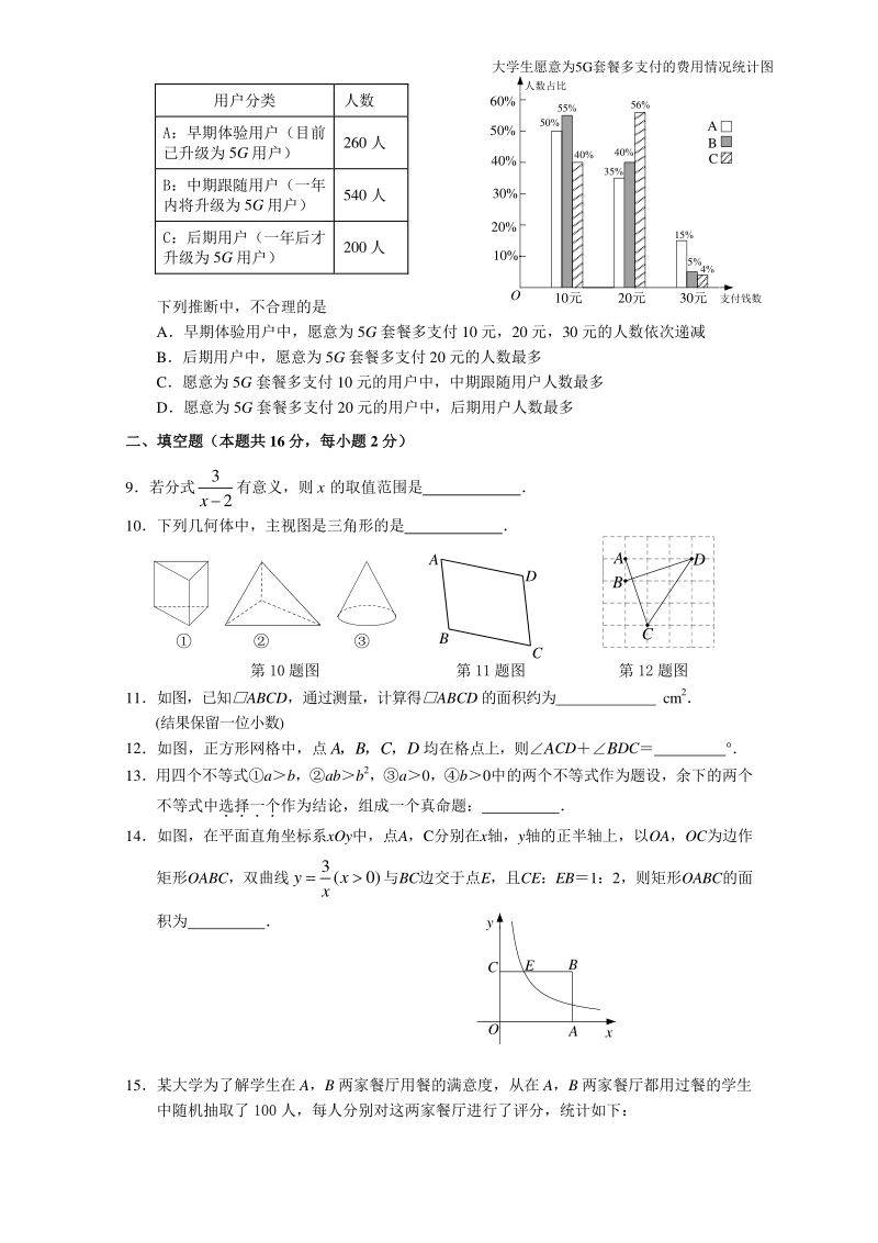 2020年5月北京市燕山地区初中毕业年级质量监测数学试卷（含答案）_第2页
