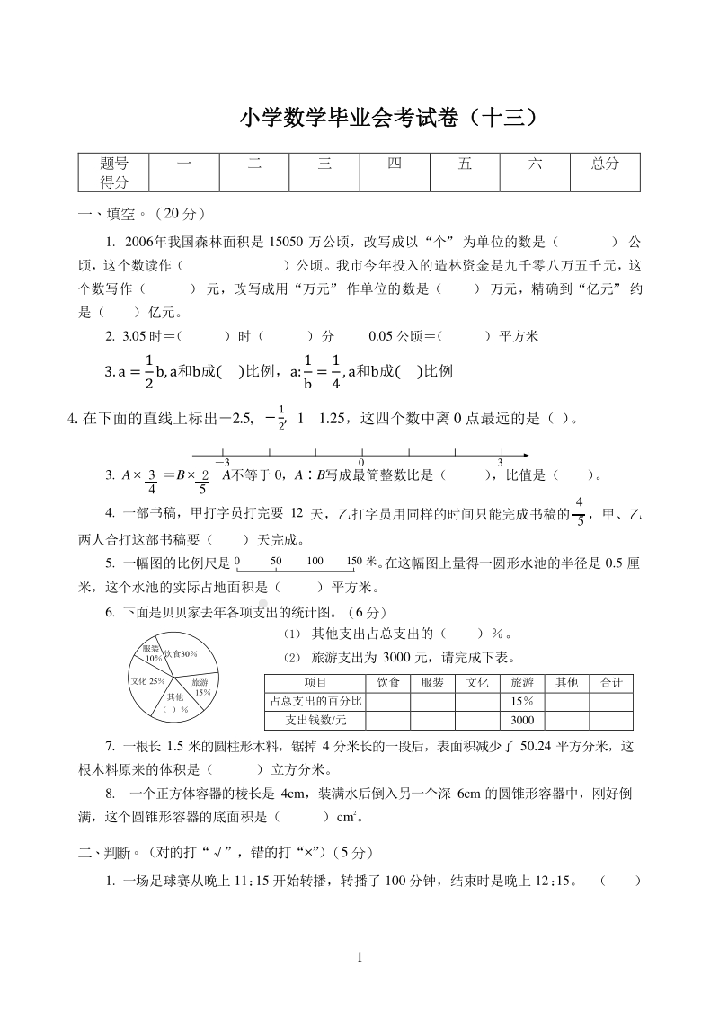 2020年苏教版小学数学毕业会考试卷（十三）含答案_第1页