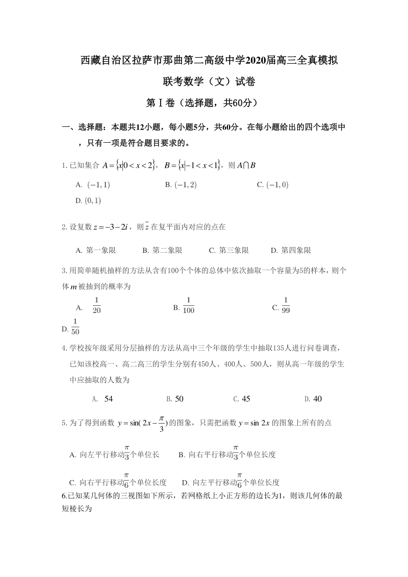 西藏自治区拉萨市那曲第二高级中学2020届高三全真模拟联考数学试卷（文科）含答案_第1页