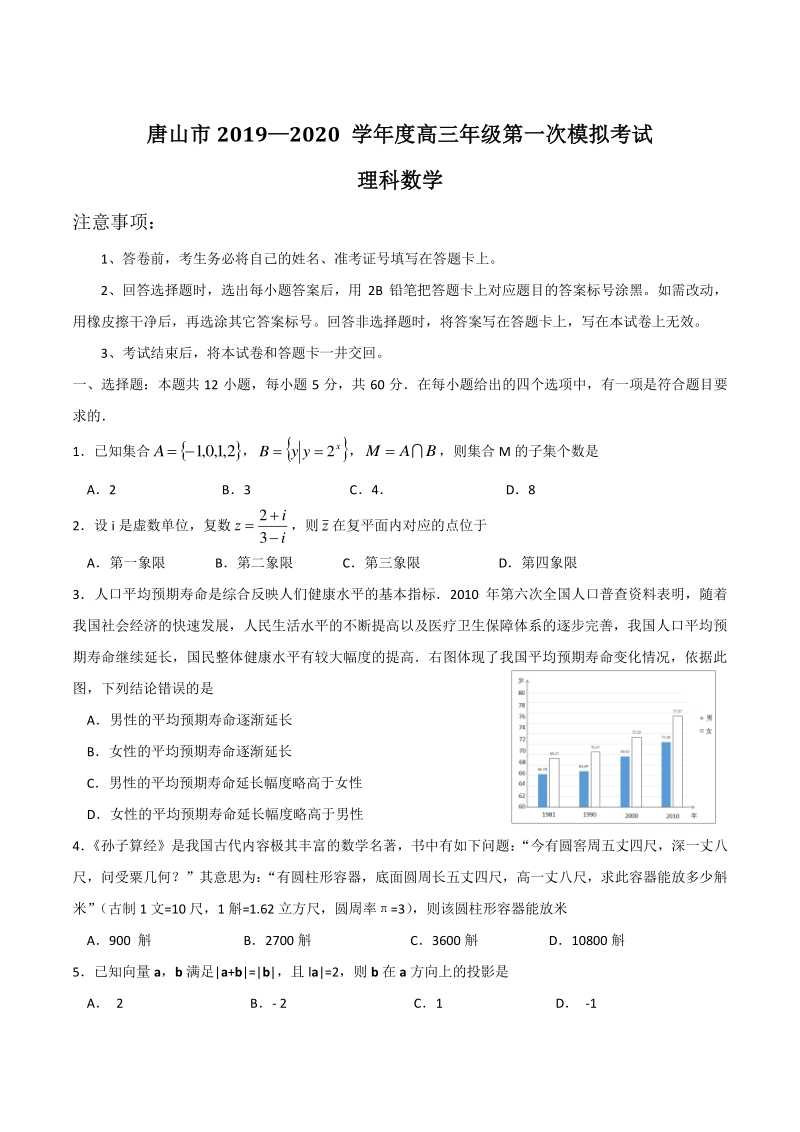 河北省唐山市2020届高三第一次模拟考试数学试题（理科）含答案_第1页