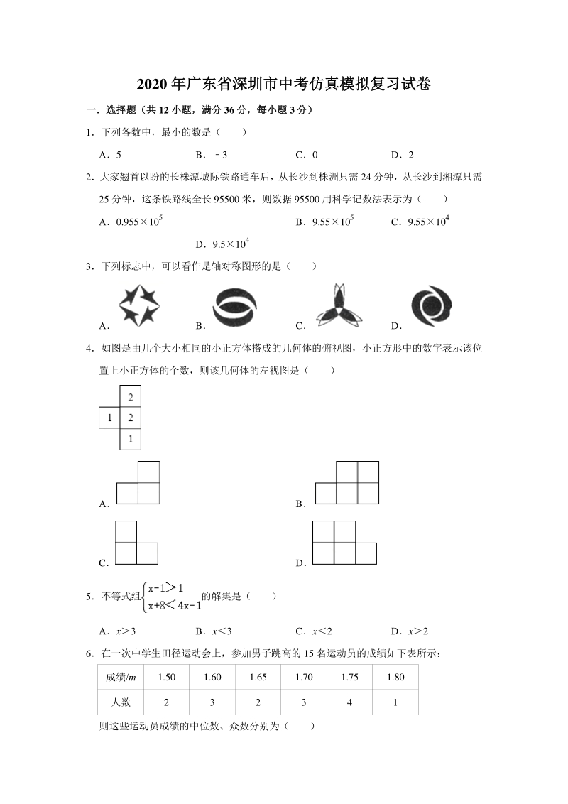 2020年广东省深圳市中考仿真模拟数学复习试卷（含答案解析）_第1页