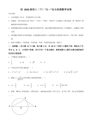 2020年重庆市沙坪坝区九年级第二学期“五一”自主拓展数学试卷（含答案）