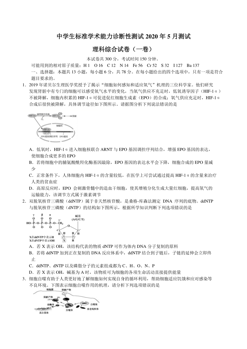 清华大学中学生标准学术能力诊断性测试2020年5月高三测试理综试题（含答案）_第1页