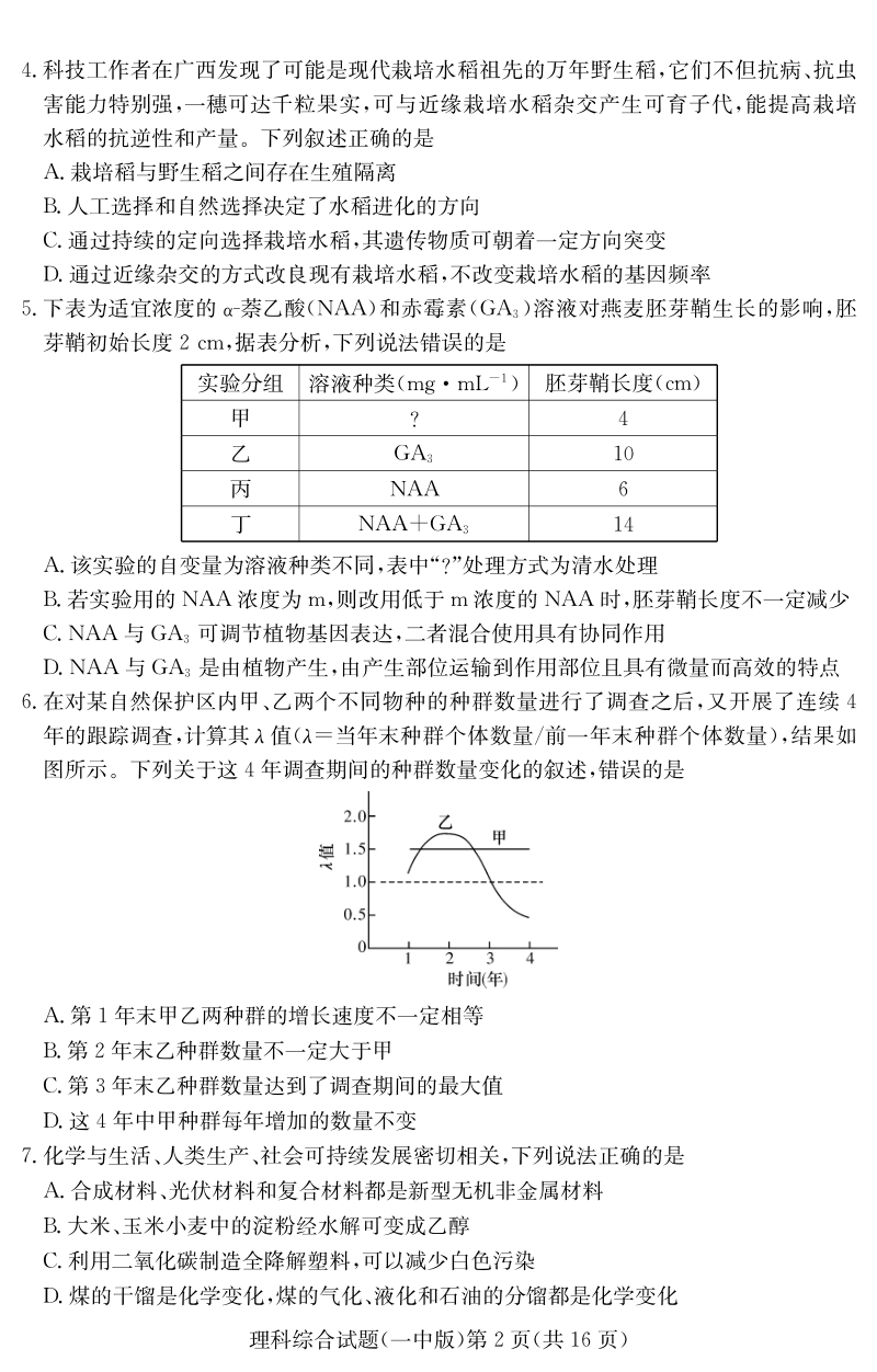 湖南省顶级名校2020年5月高三第七次大联考理科综合试题（含答案）_第2页