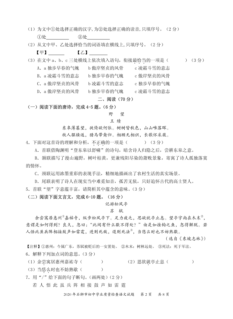 2020年福建省石狮市初中学业质量检查语文试题（含答案）_第2页