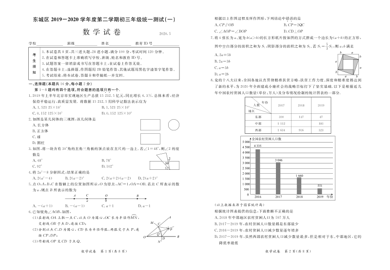 北京市东城区2020年初三年级统一测试数学试卷（一）含答案_第1页
