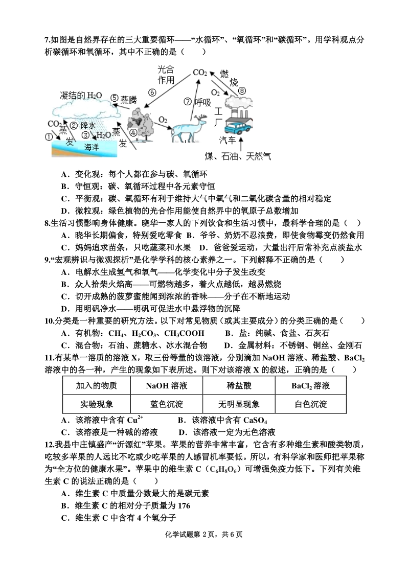 2020年山东省淄博市中考化学模拟试题（含答案）_第2页