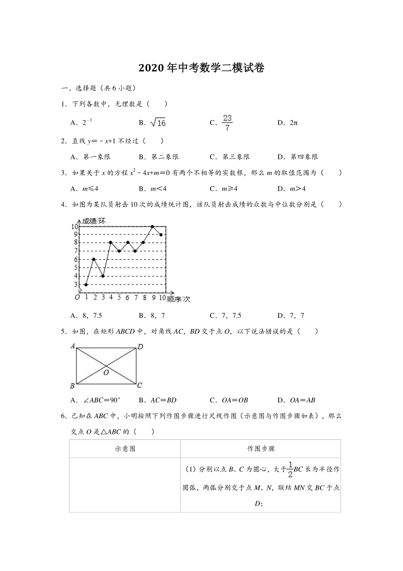 2020年上海市虹口区中考数学二模试卷（含答案解析）_第1页