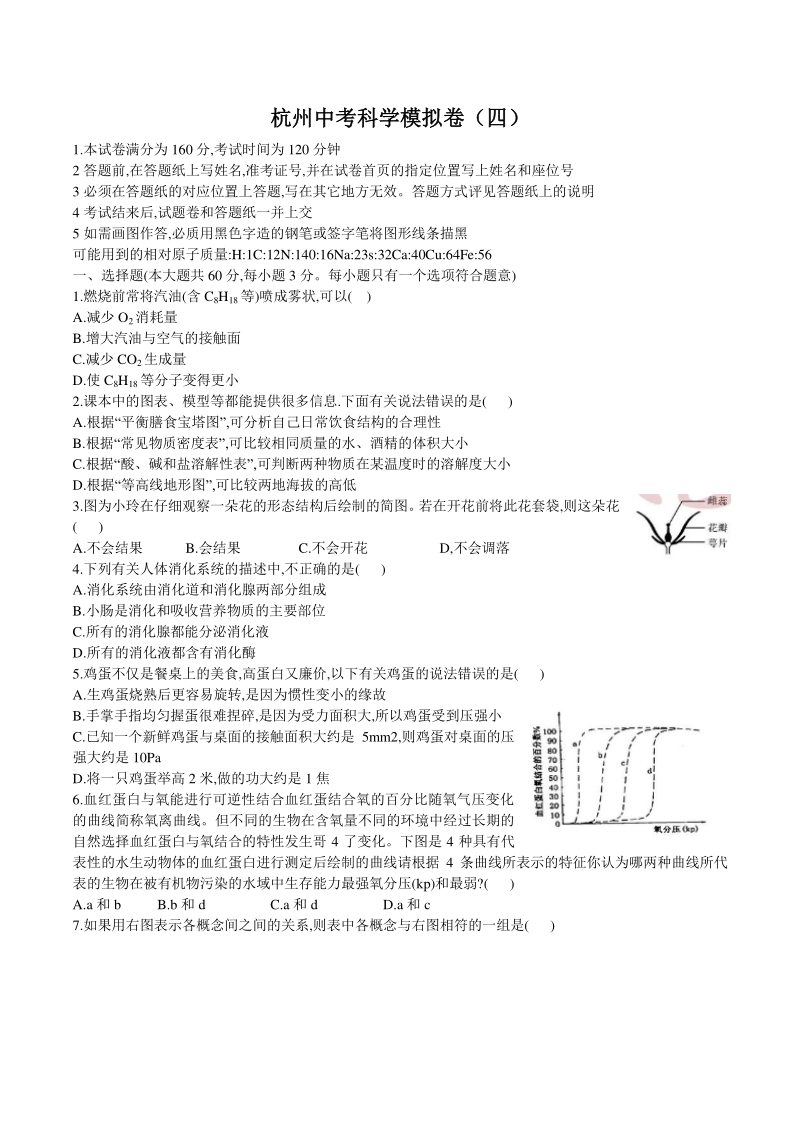 2020年浙江省杭州中考科学模拟试卷（四）含答案_第1页