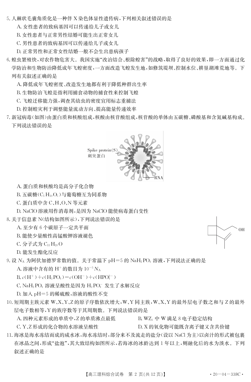 黑龙江省部分学校联考2020年5月高三理科综合试卷（含答案）_第2页