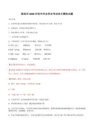 2020年湖南省娄底市初中毕业学业考试语文模拟试题（含答案解析）