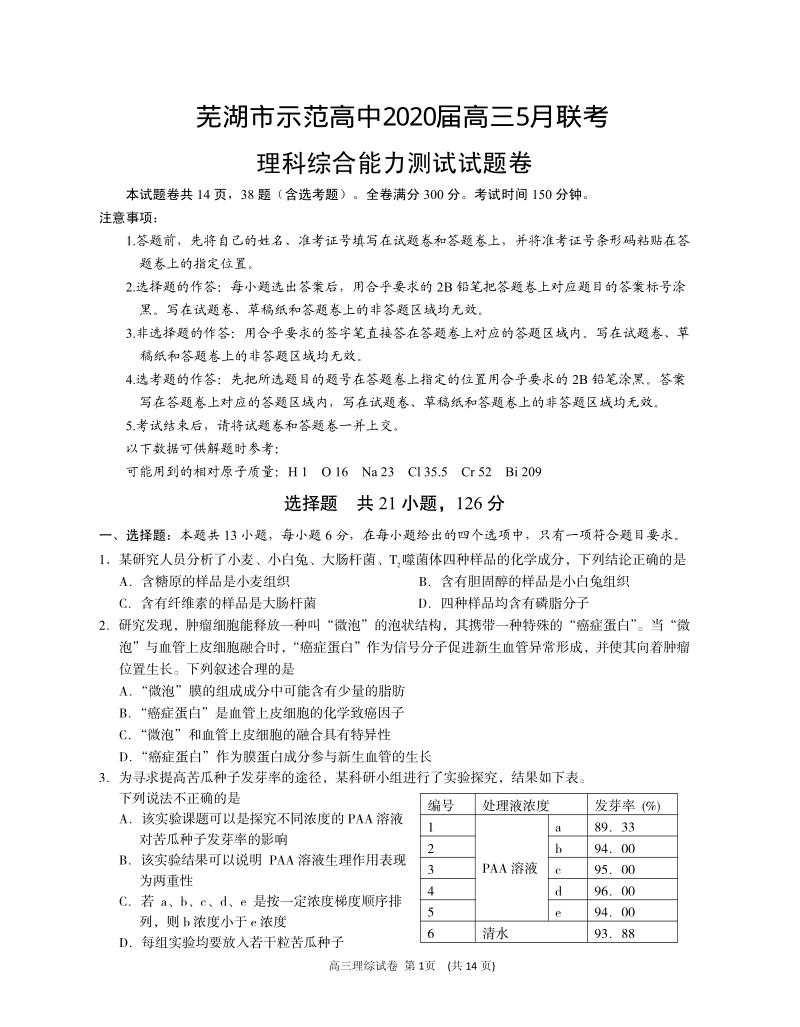 安徽省芜湖市示范高中2020年5月高三联考理科综合试题（含答案）_第1页