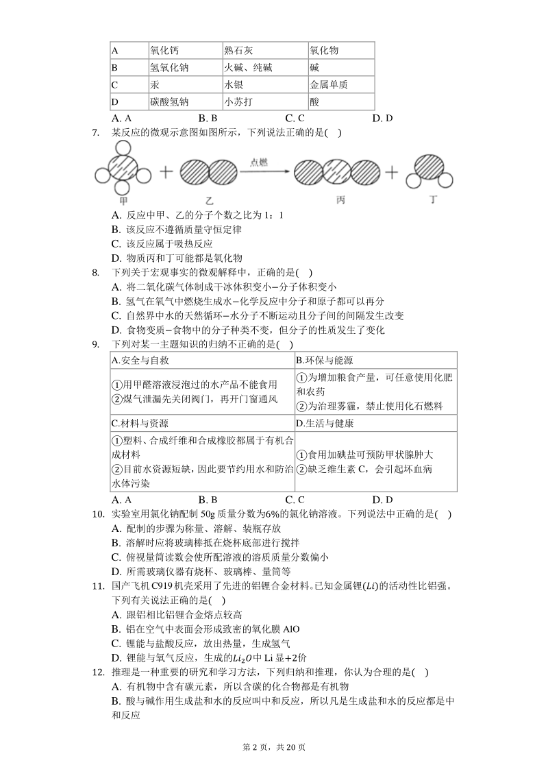 山东省潍坊市市区2020年中考化学一模试卷（含答案解析）_第2页