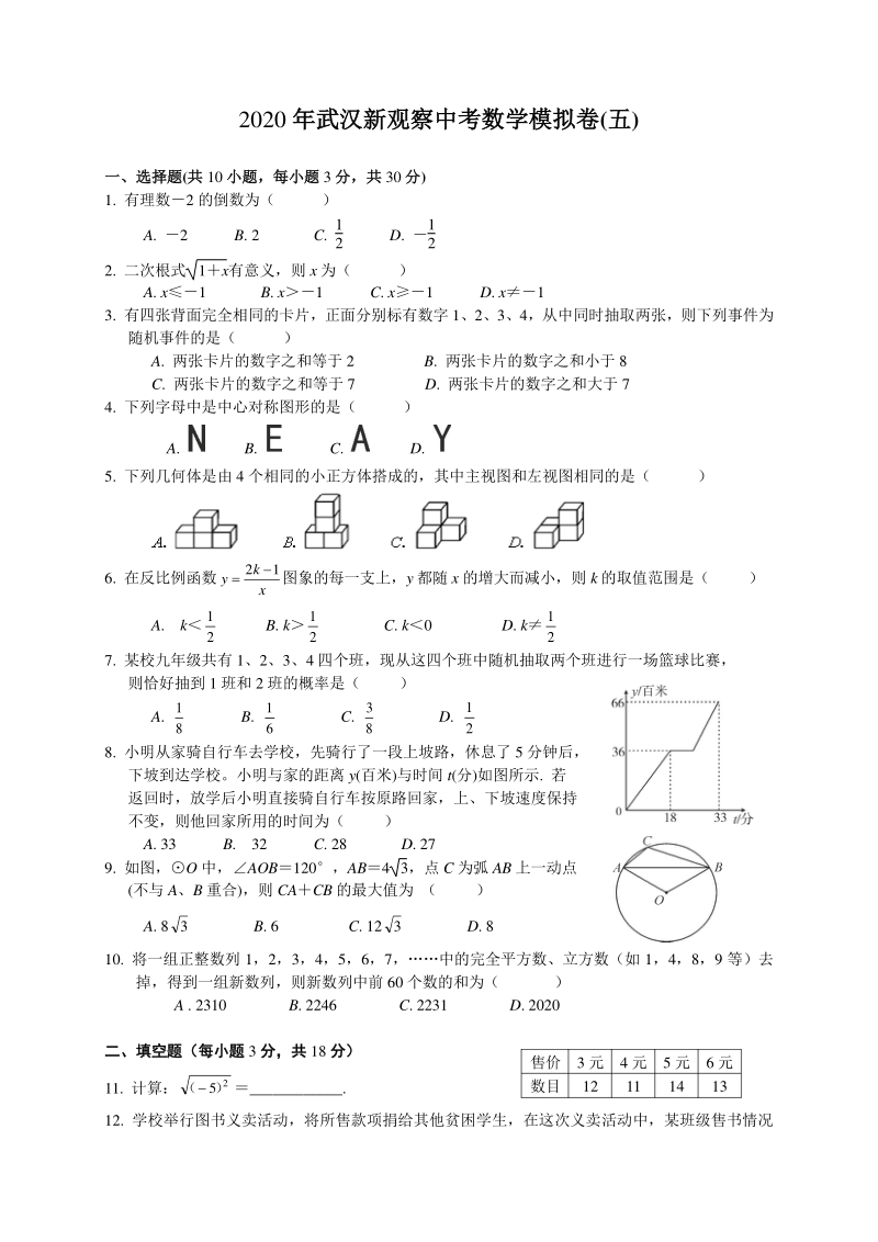 2020年湖北省武汉新观察中考数学模拟试卷（五）含答案_第1页