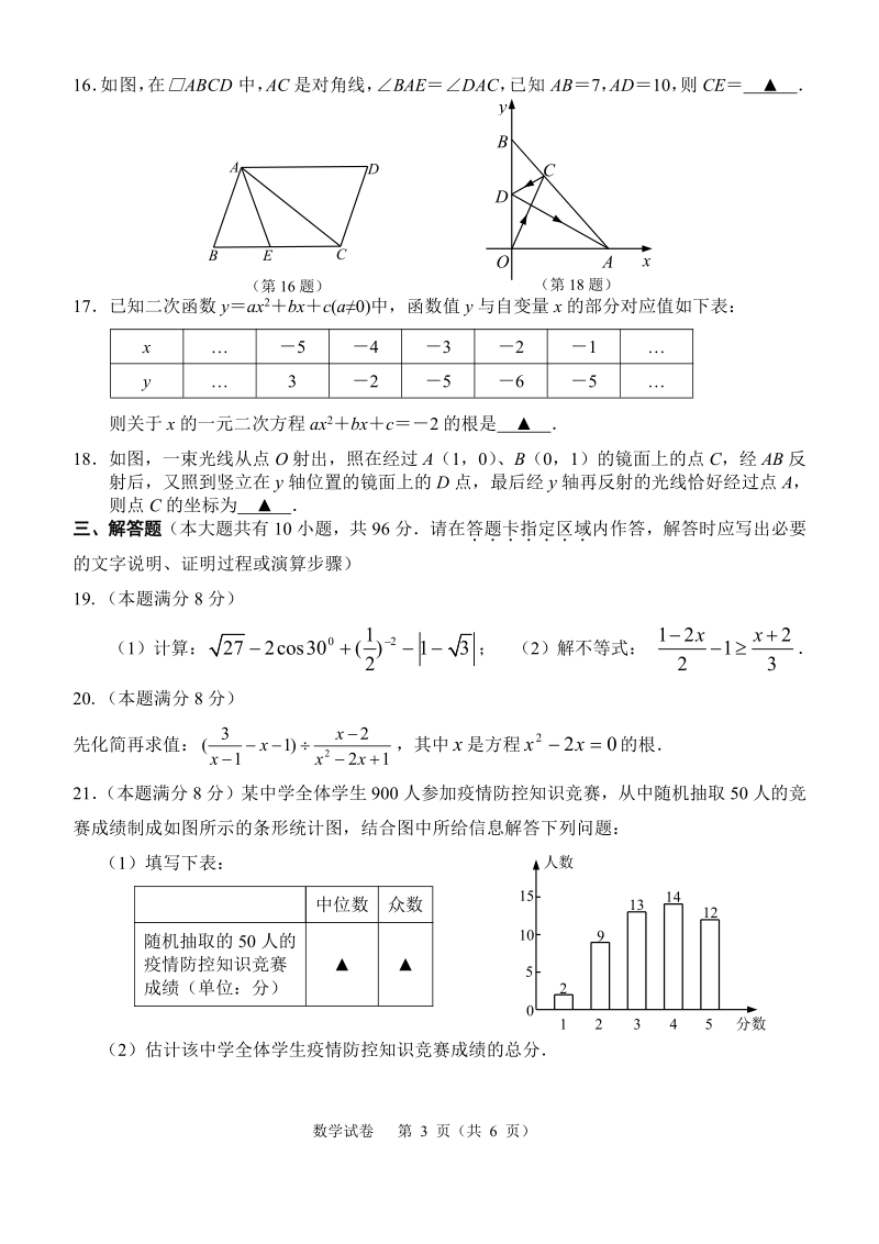 2020年江苏省扬州市树人中学中考二模数学试卷（含答案）_第3页