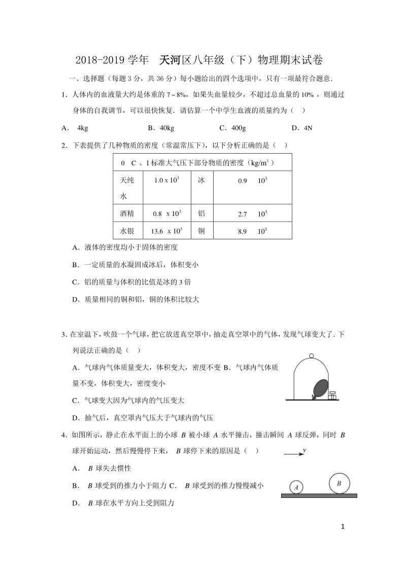 2018-2019学年广州市天河区八年级（下）物理期末试卷及答案_第1页