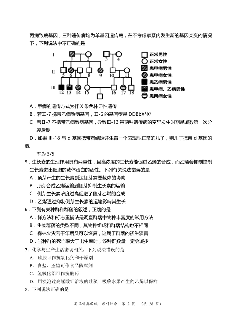湖南省怀化市中小学课程改革2020年高三仿真考试理综试题（含答案）_第2页