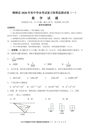 2020年湖北鹤峰县中考学业考试复习效果监测数学试卷（一）含答案