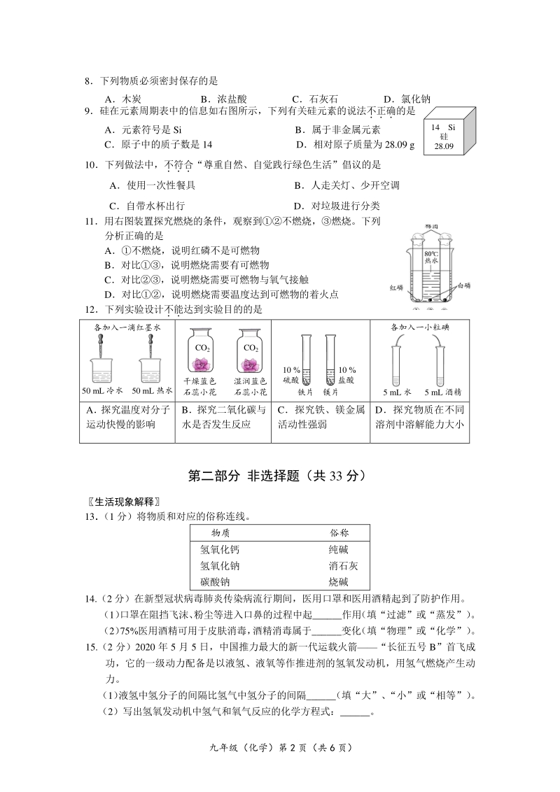 2020年北京市海淀区中考二模化学试卷（含答案）_第2页