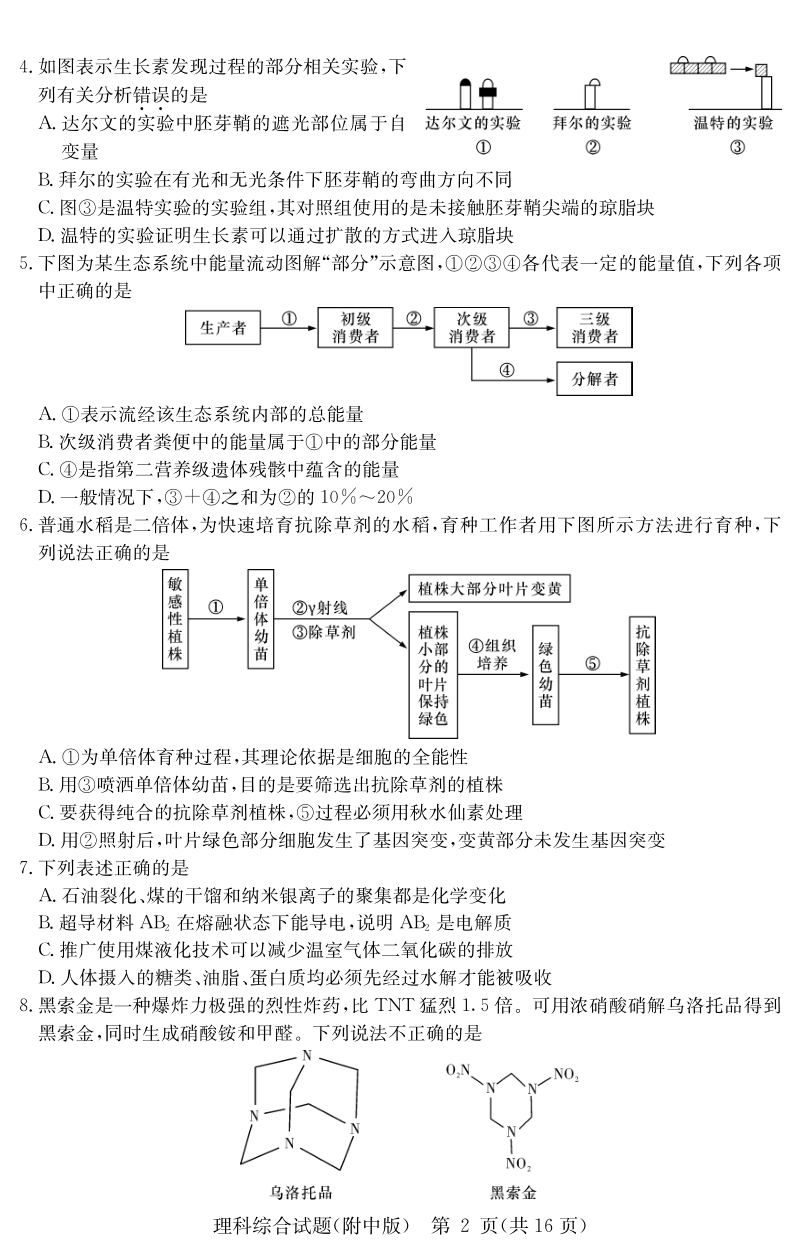 湖南省长沙市岳麓区2020届高考模拟理科综合试卷（二）含答案_第2页