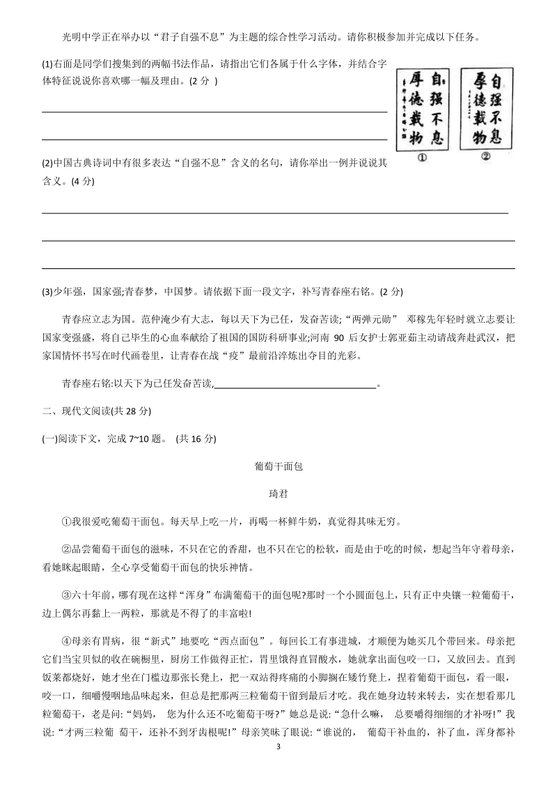 2020年河南省普通高中招生考试模拟预测语文试卷（二）含答案_第3页